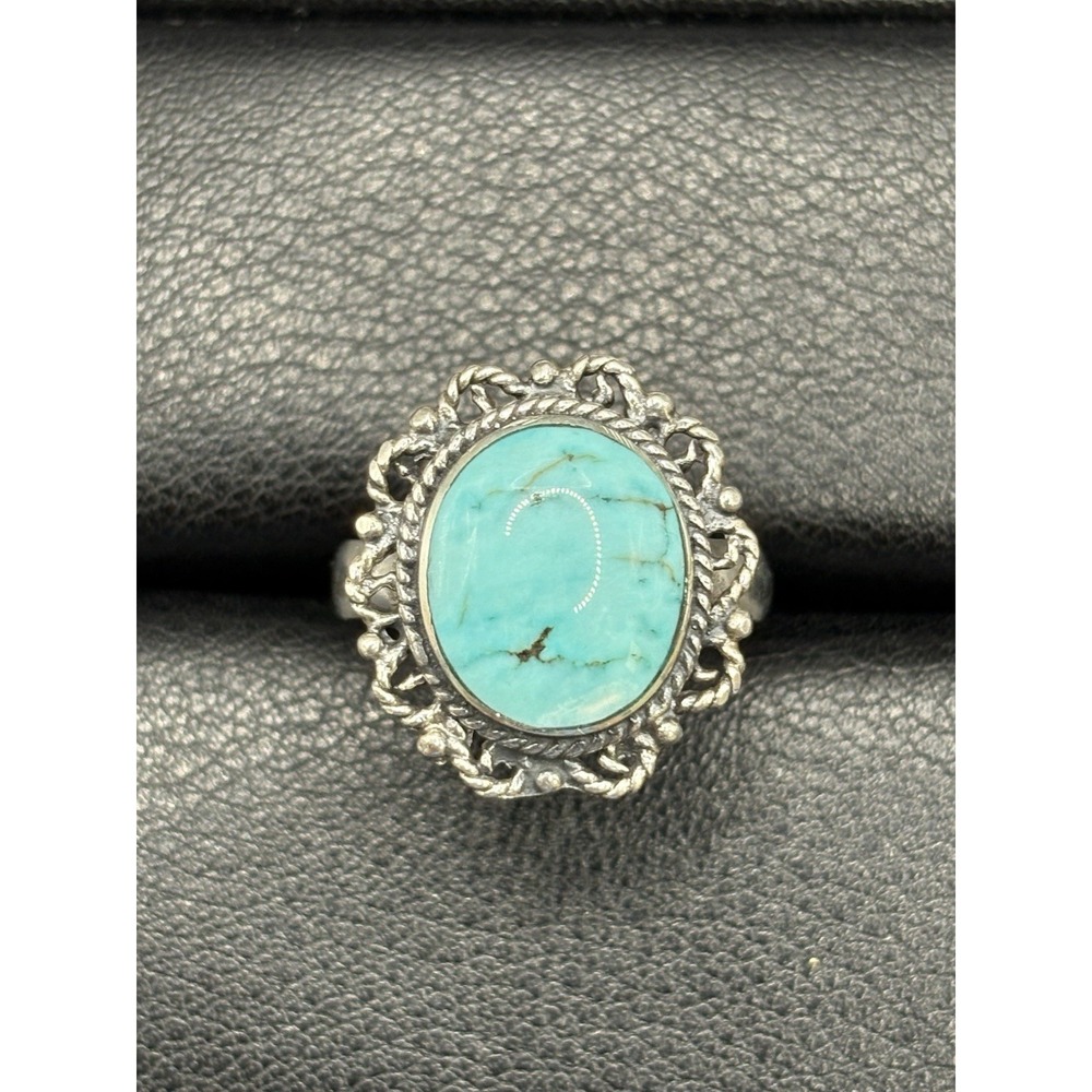 New Condition Sterling Silver Genuine Turquoise Ring Bali Style Size 7 E27